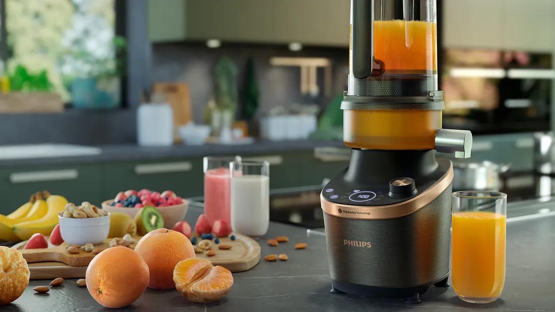 Philips Flip &amp; Juice köksapparat lovar optimal juiceutvinning. Stilren design, avancerad teknik garanterar färsk och näringsrik juice varje gång.