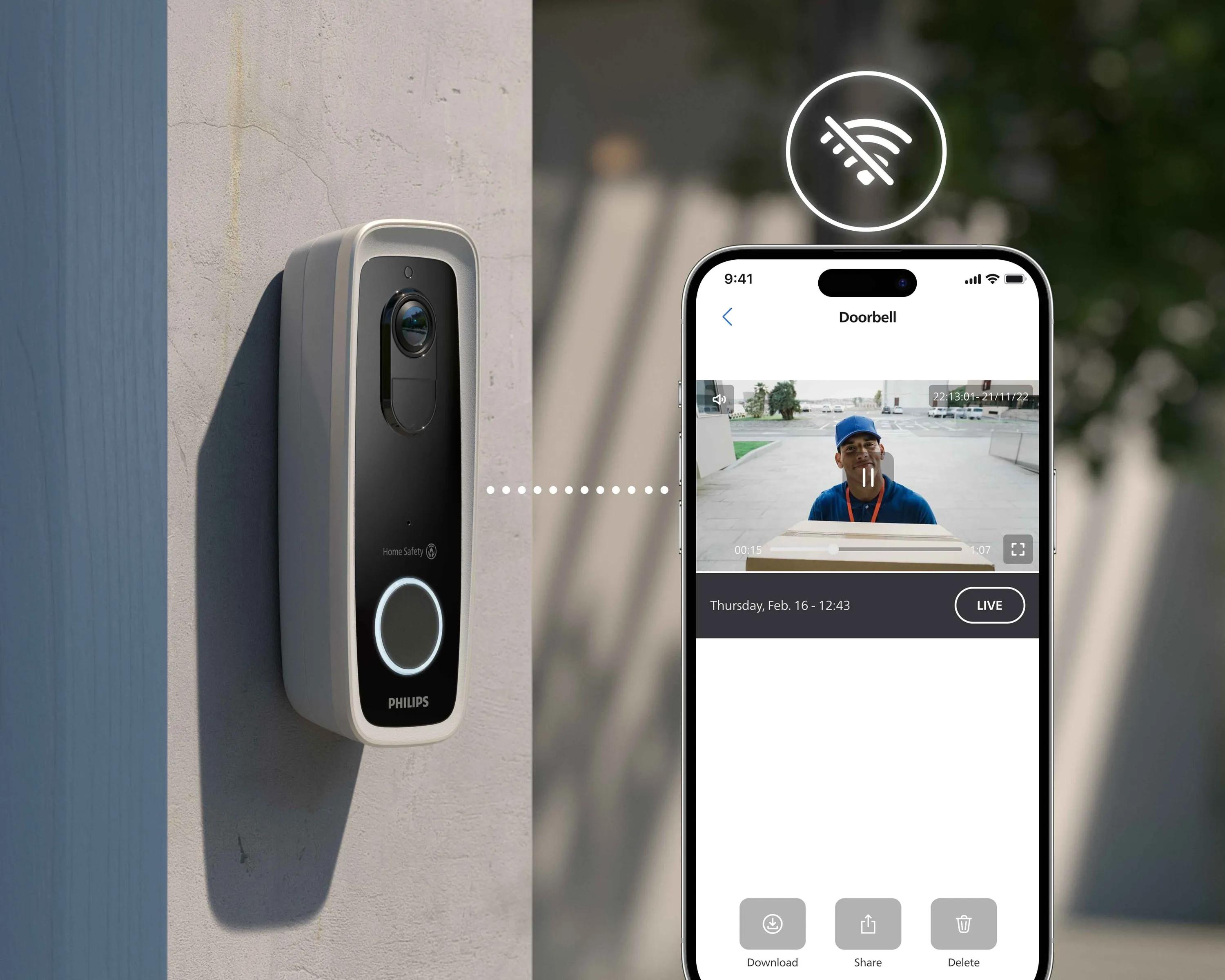 Philips Home Safety Smart Camera with black finish is shown on a shelf, blending seamlessly into a modern home. It features integrated motion detection and live streaming.