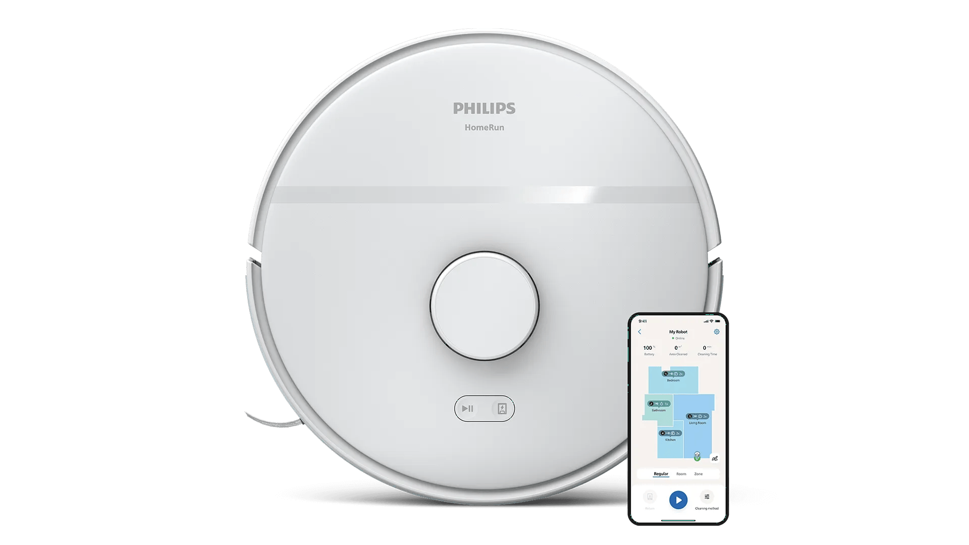 Weißer Philips Robot 9000 Staubsauger mit App &amp; Grundriss. Überlegene automatisierte Bodenreinigung mit fortschrittlicher Technologie erleben.