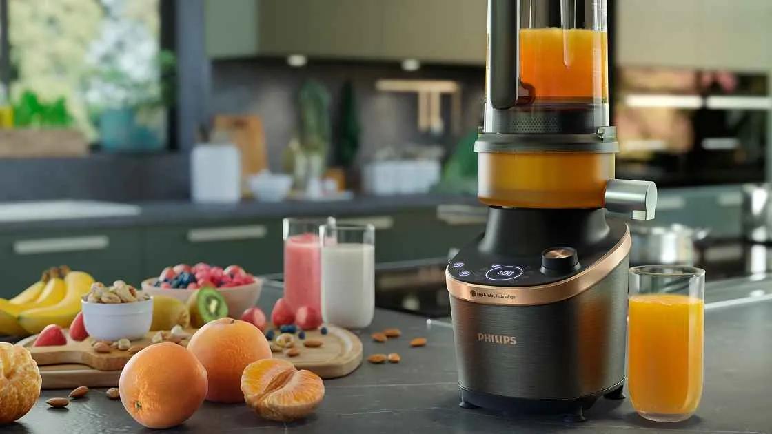 L'appareil de cuisine Philips Flip &amp; Juice promet l'extraction de jus ultime. Design élégant, la technologie avancée garantit un jus frais et nutritif à chaque fois.