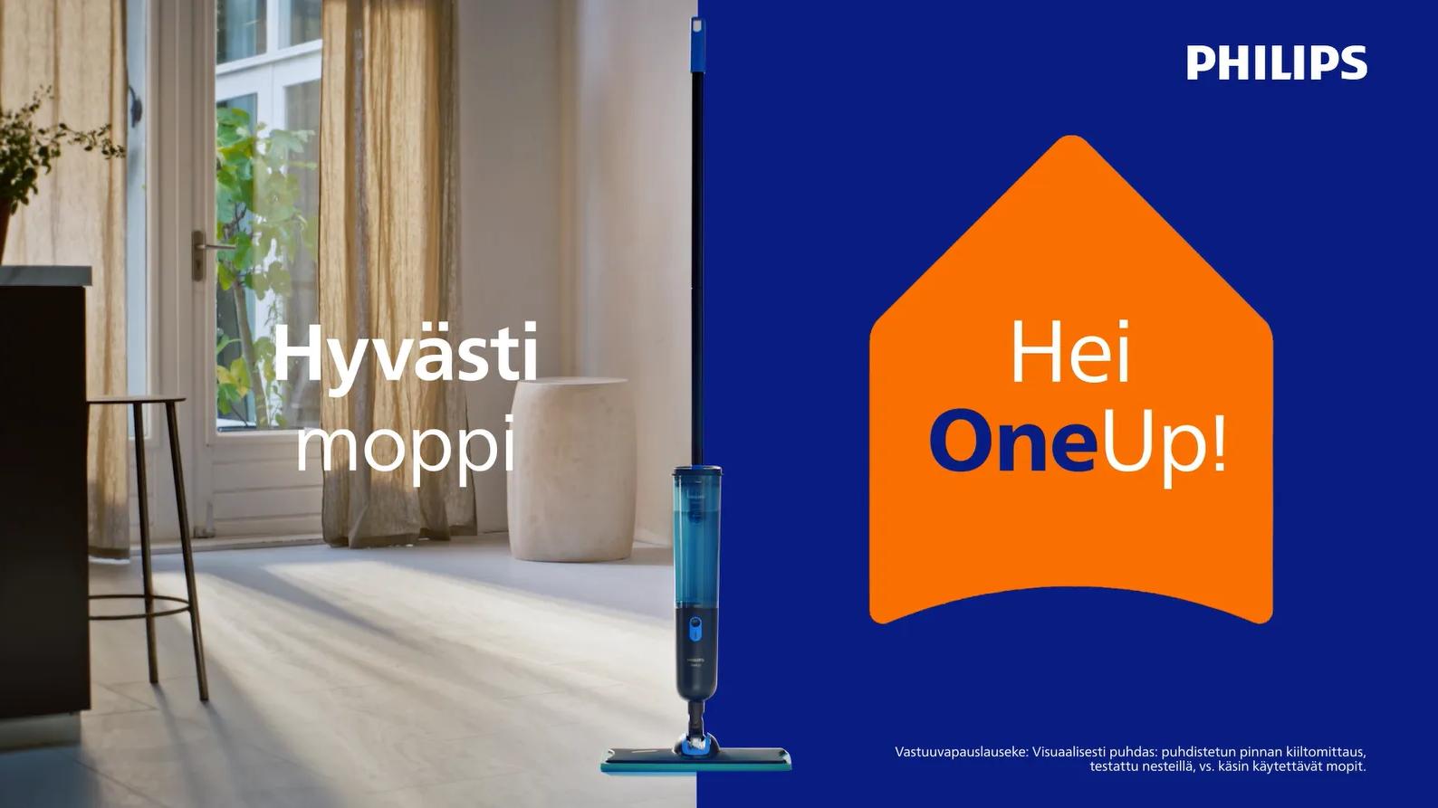 Philips OneUp – mainoskuva, jossa teksti "Hyvästi moppi, Hei OneUp!" Sininen suihkumoppi seisoo valoisassa olohuoneessa vaalean lattian ja verhojen edessä.