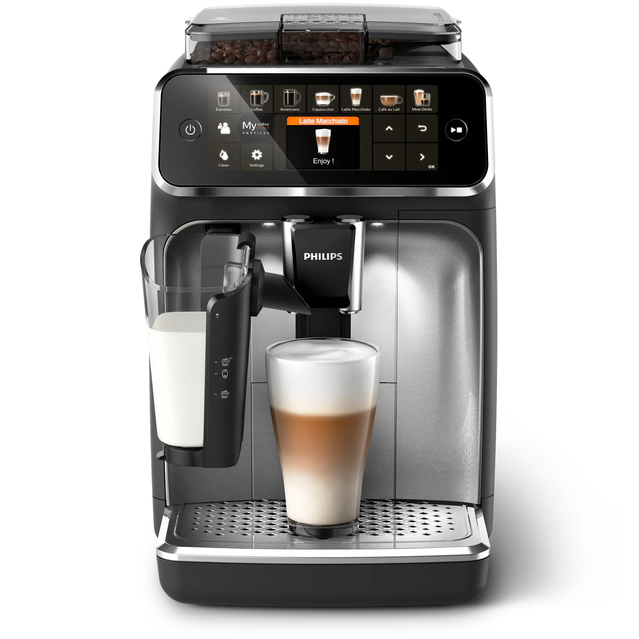 Philips 5400 Series LatteGo EP5446/70 bean to cup coffee machine, front view